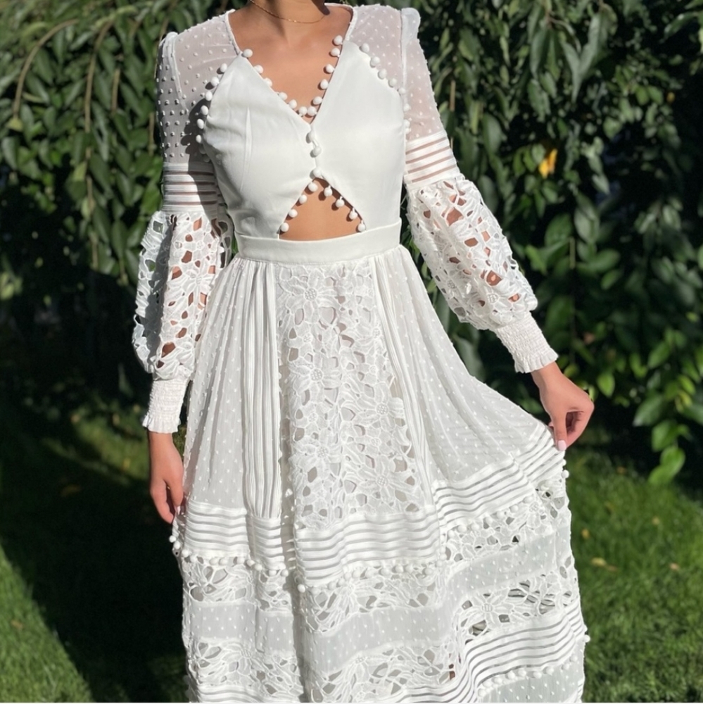 L'ATISTE White Long Sleeve Lace & Eyelet Maxi Dress. NWOT